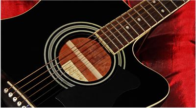 Black Acoustic Guitar on a Red Satin Background